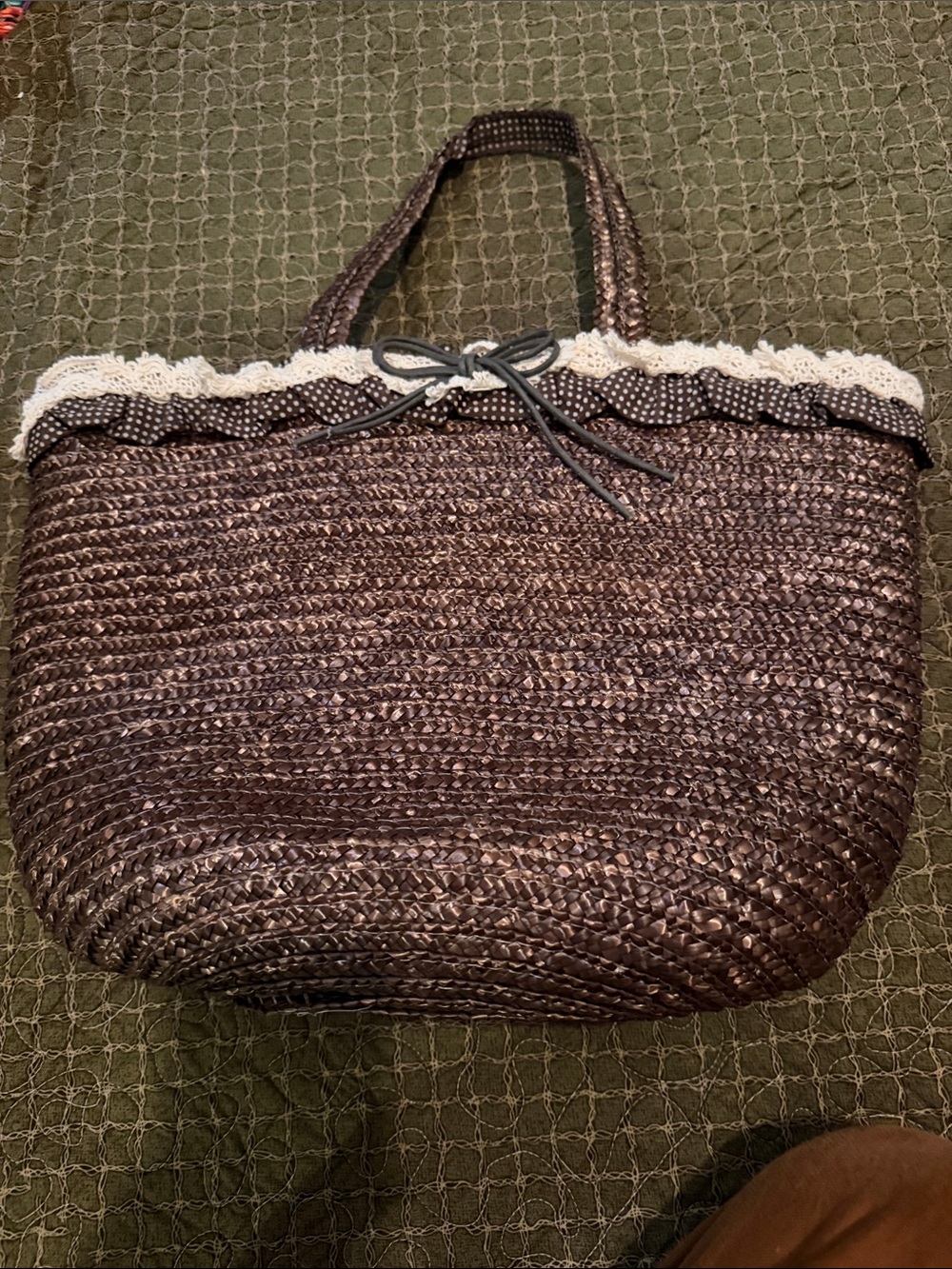Brown Woven Tote with Cream Lace and Polka-Dot Trim
